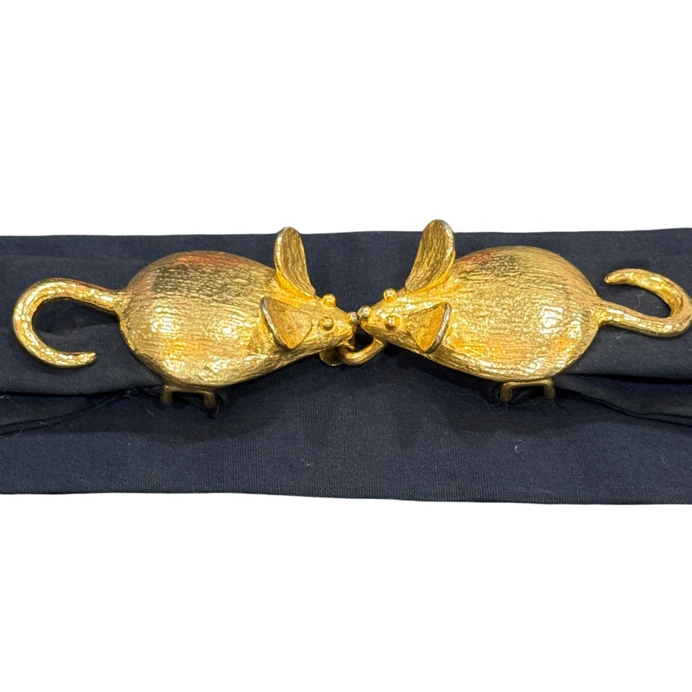 Vintage 1974 Mimi di N Kissing Mice Belt Gold Tone Buckle Black Fabric 70s Rare